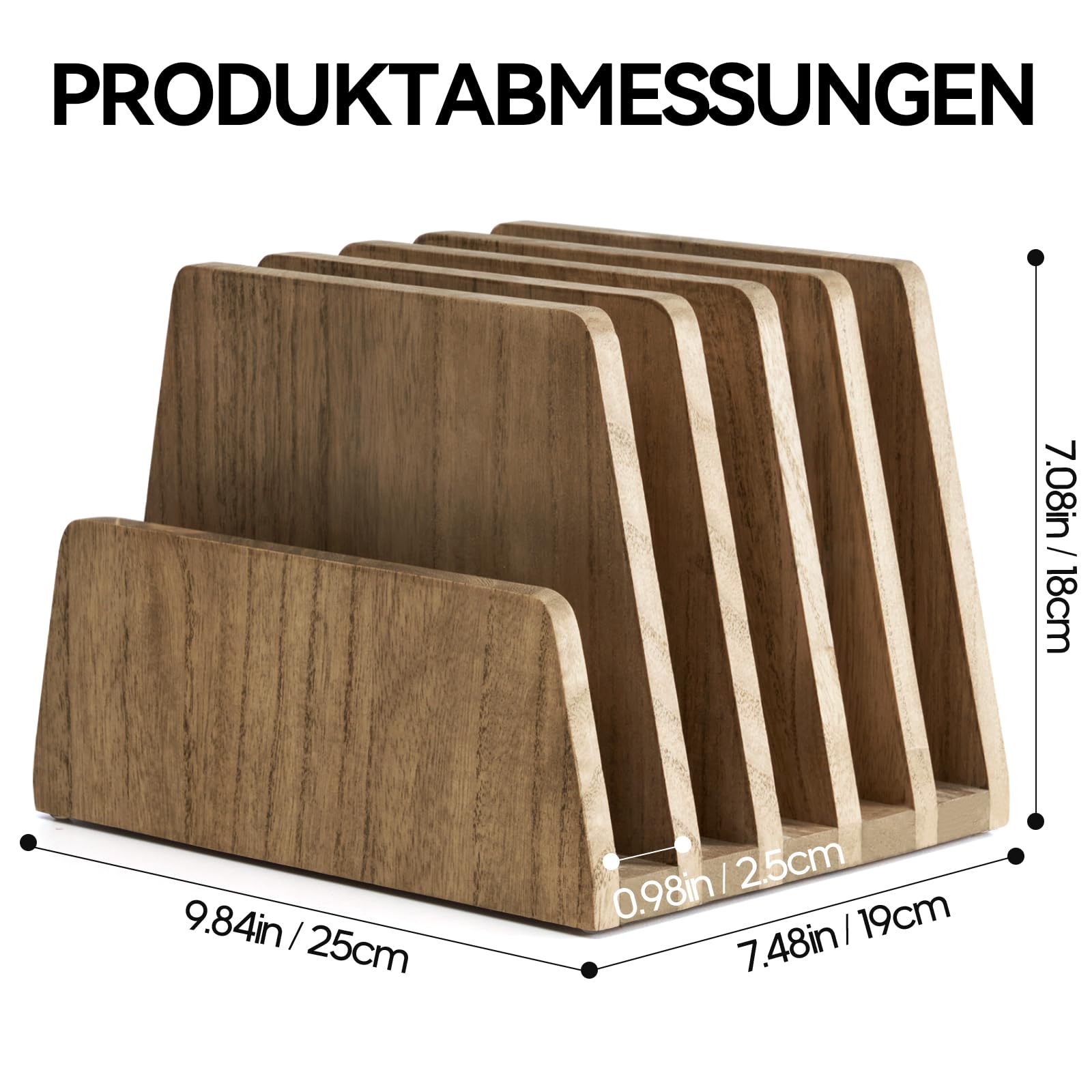 KIRIGEN Dokumentenhalter Holz, 5 Fächer Schreibtisch-Organizer aus Paulownia-Holz, 2,5 cm Fachabstand, Briefsortierer für Post, Hefte, dünne Mappen und Broschüren, Dunkelbraun, 19 x 25,2 x 18 cm
