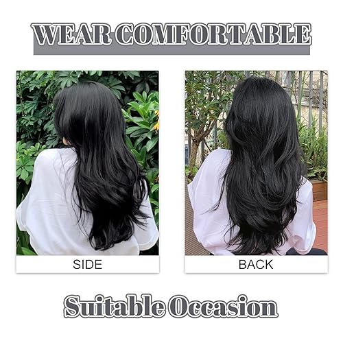Miniatura 4 de Extensiones de cabello negro con clip para mujer, extensiones de cabello liso en capas, sintético resistente al calor, largo ondulado, uso diario,