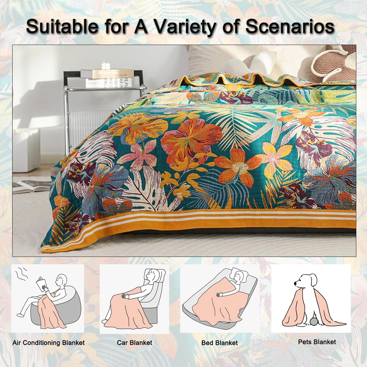 Boho Throw Blanket 60"x80", 100% Cotton Muslin Blankets for Couch Bed Sofa Chair, 4-Layer Soft Cozy Quilt Travel Blanket with Floral, Farmhouse Decor,All Seasons(Green)