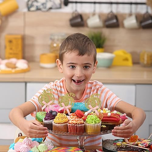 Miniatura 4 de 36 piezas de decoración para cupcakes con temática de otoño con lazo rosa con purpurina para Halloween, Acción de Gracias, decoración de pastel de