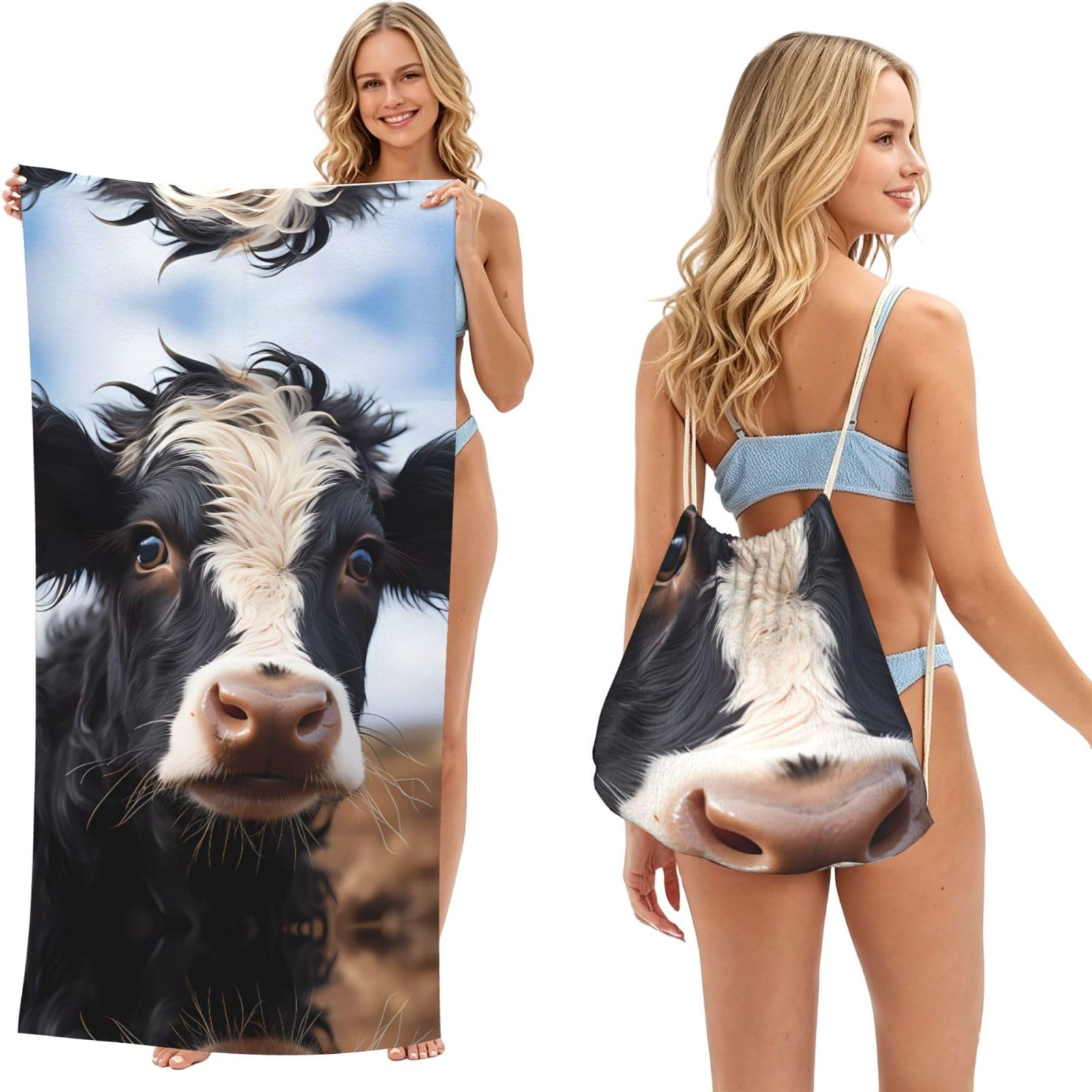 SXZVVBN Cute Cow 2-in-1 Beach Towel Bag, Quick Dry Sand Free Travel Towel Backpack for Adults