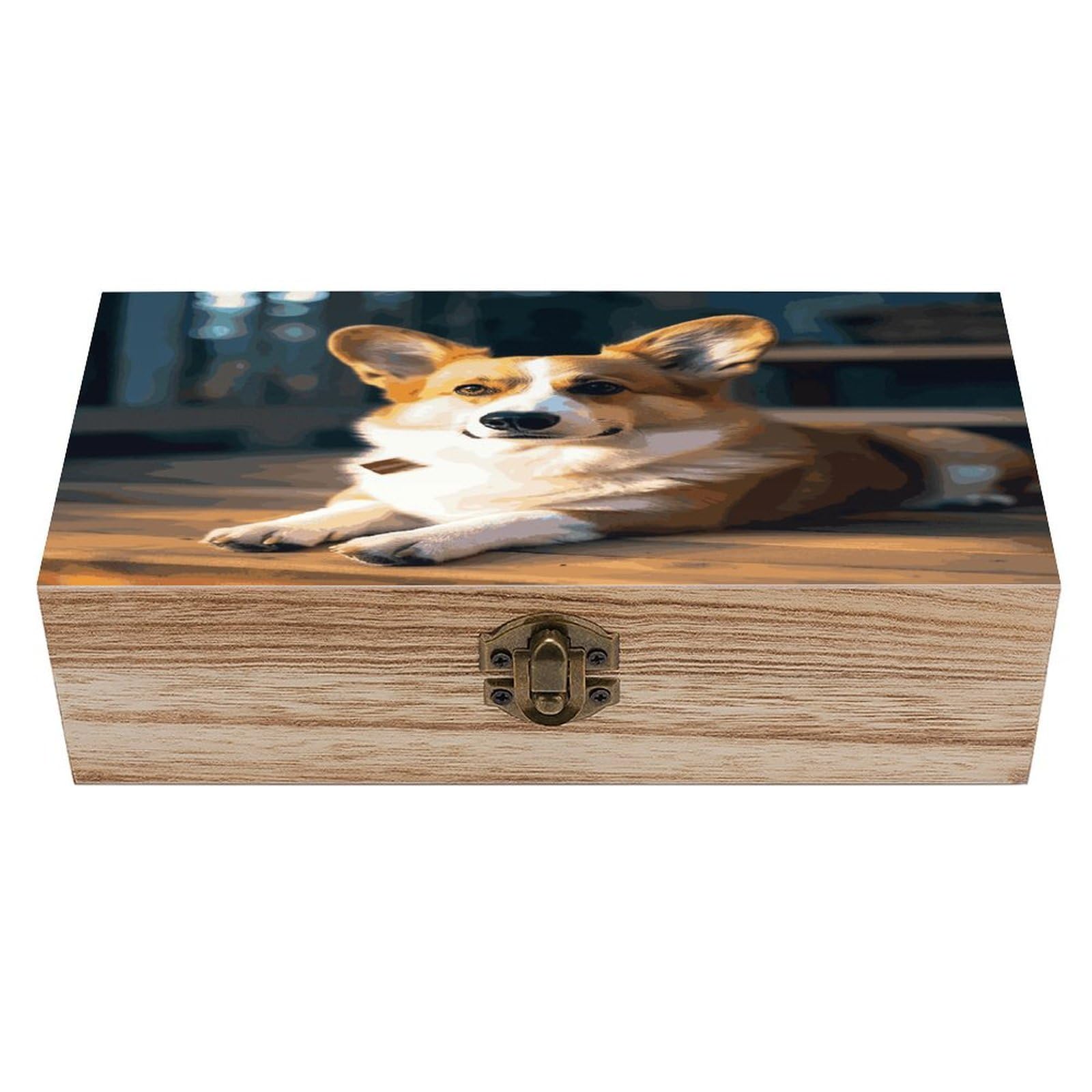 JTREHY Smart Corgi Wooden Keepsake Box Vintage-Style Wood Keepsake Case with Hinged Lid Solid Wood Boxes Beautifully Memory Treasure Case Vintage-Style Wooden Storage Box