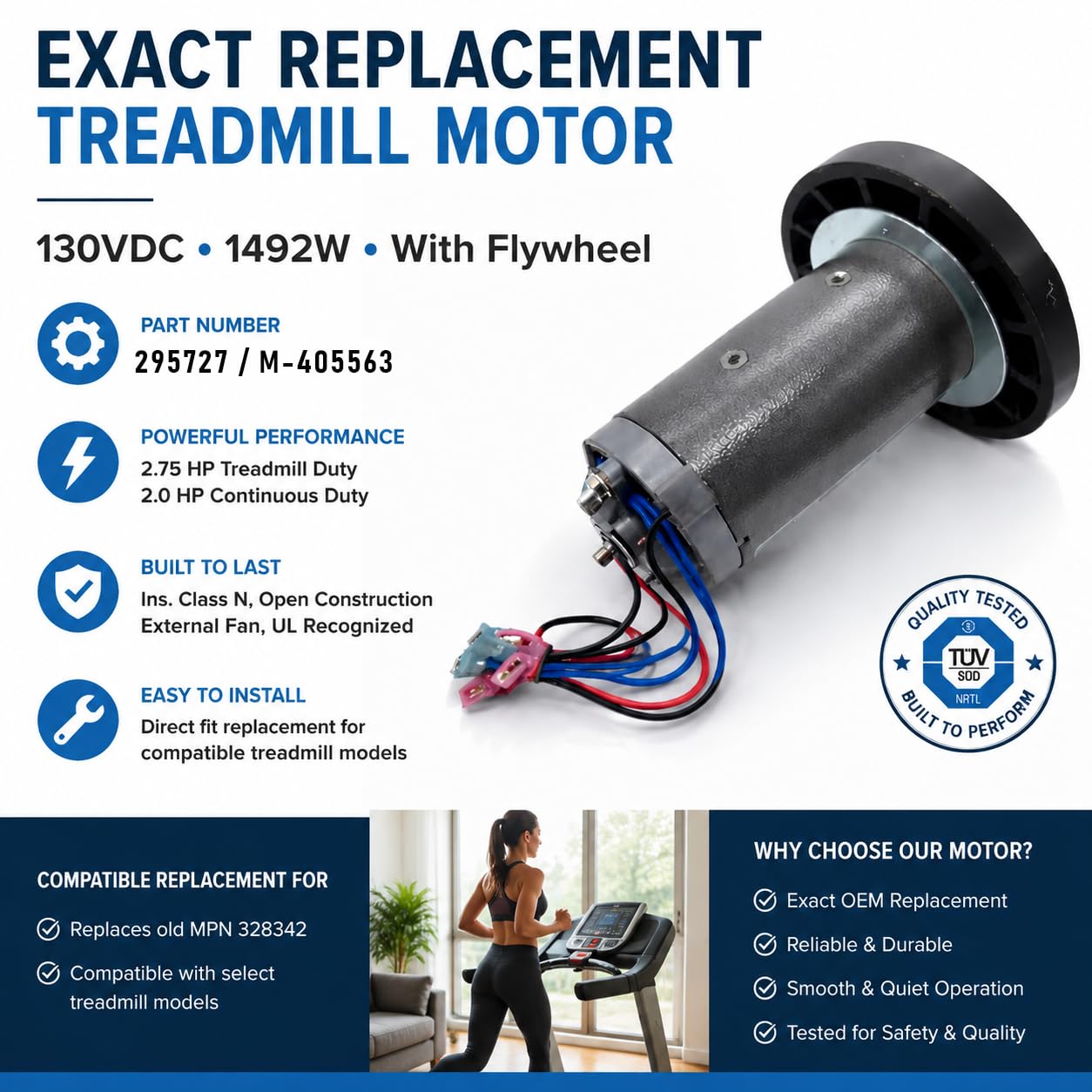 L-405563 Motor CC con volante de inercia 2.75 H.P, 295727, 130 VDC/1492 vatios, motor de cinta de correr, potente imán de funcionamiento suave, fácil reemplazo, P/N 405697 funciona con Pro-Form 6.0 RT