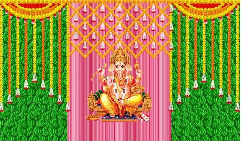 Banana Leaf with Garland Ganesh Decoration Backdrop Cloth for Pooja
