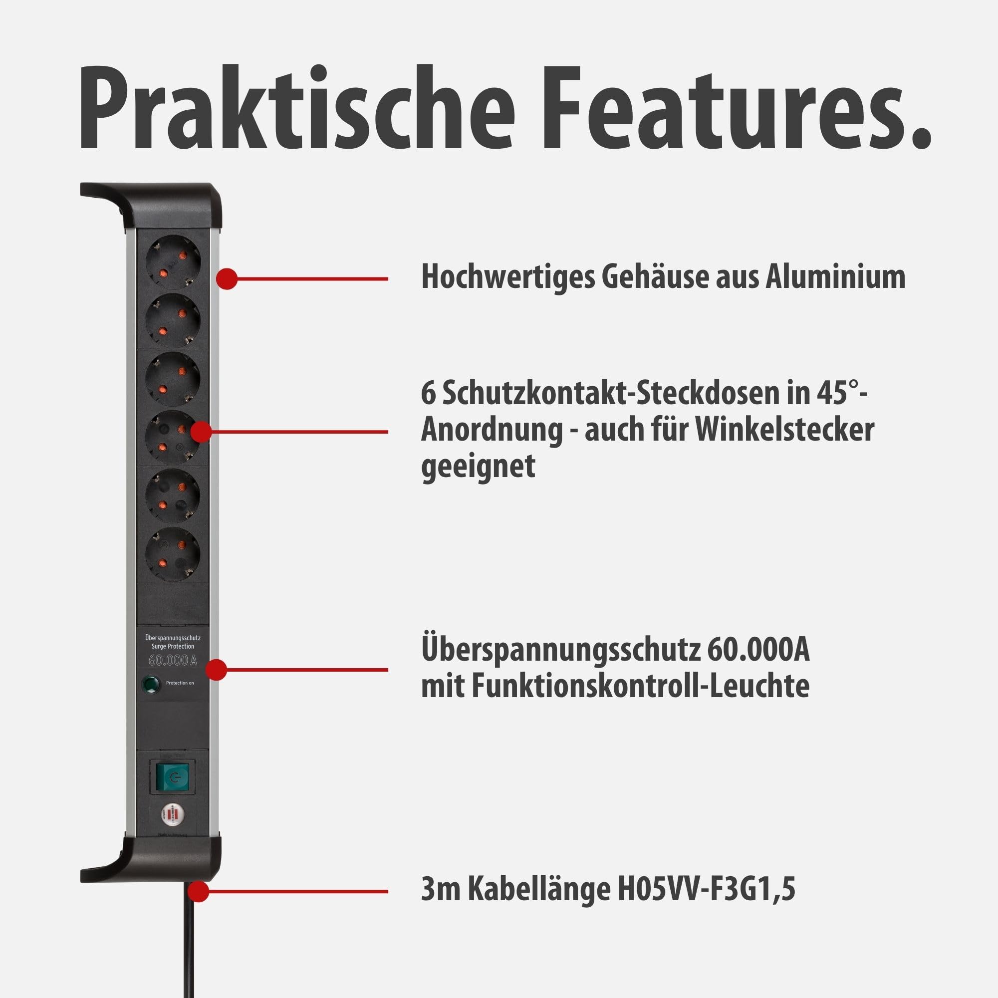 Brennenstuhl Alu-Office-Line Steckdosenleiste 6-Fach, 3m | Mit Überspannungsschutz, Mehrfachsteckdose mit Schalter, Made in Germany
