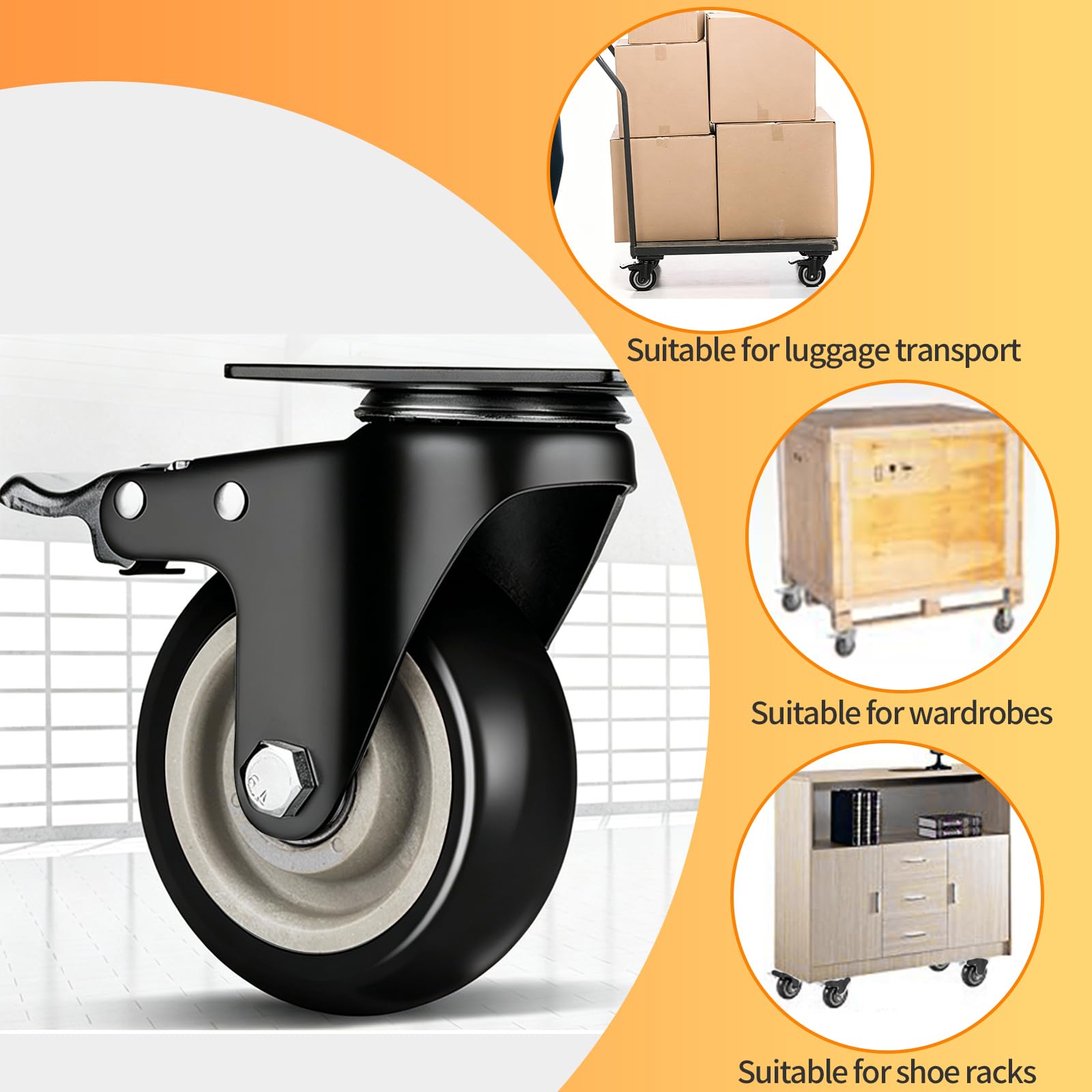 Ruedas Giratorias 50 mm con Freno Antimarca 320 kg para Muebles Interior Exterior Negro