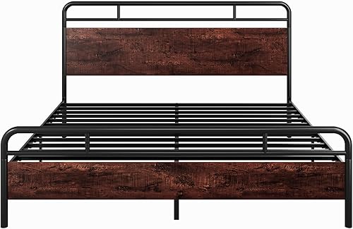 Miniatura 9 de SHA CERLIN Base de cama tamaño King con cabecera y pie de cama de madera, estructura de metal con esquinas redondeadas, listones de servicio pesado