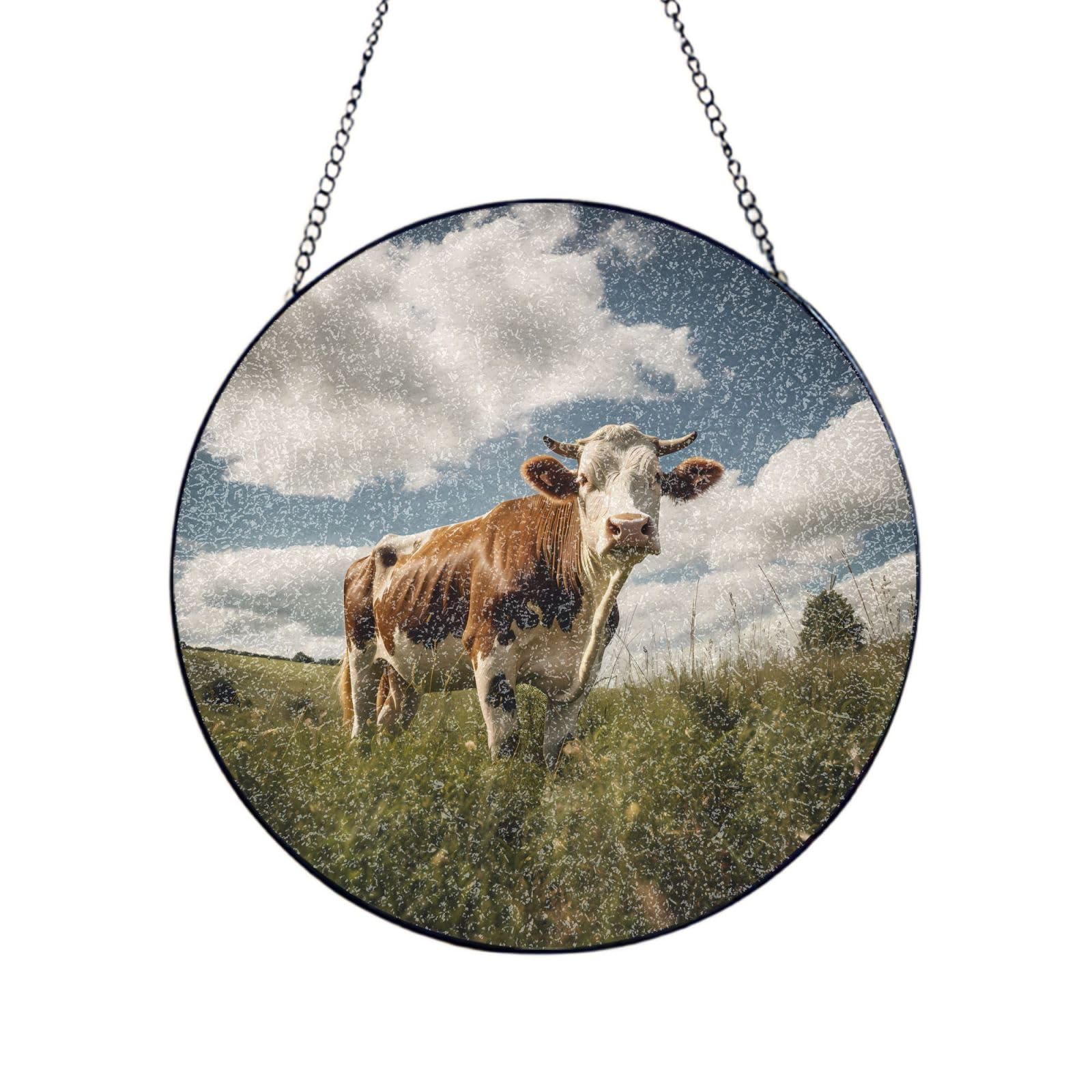 Phayah Cow Print Stained Glass Window Hanging Sun Catchers Decoration Mother'S Day Birthday Gifts For Home Garden Porch 10in（25cm）
