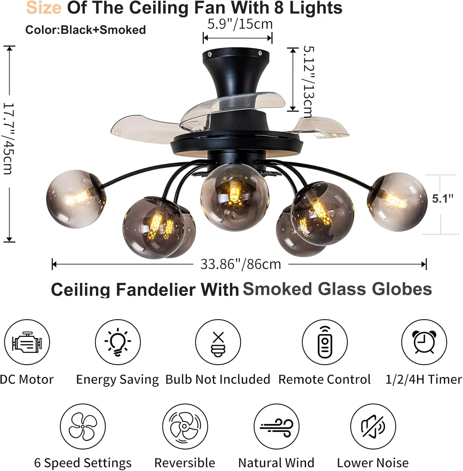 8-Light Mid Century Ceiling Fan with Lights Black and Smoked Fandelier Glass Bubble Chandeliers with 3 Retractable Bladeless and Remote Blossom Chandelier Low Profile 6 Speeds for Bedroom Living Room