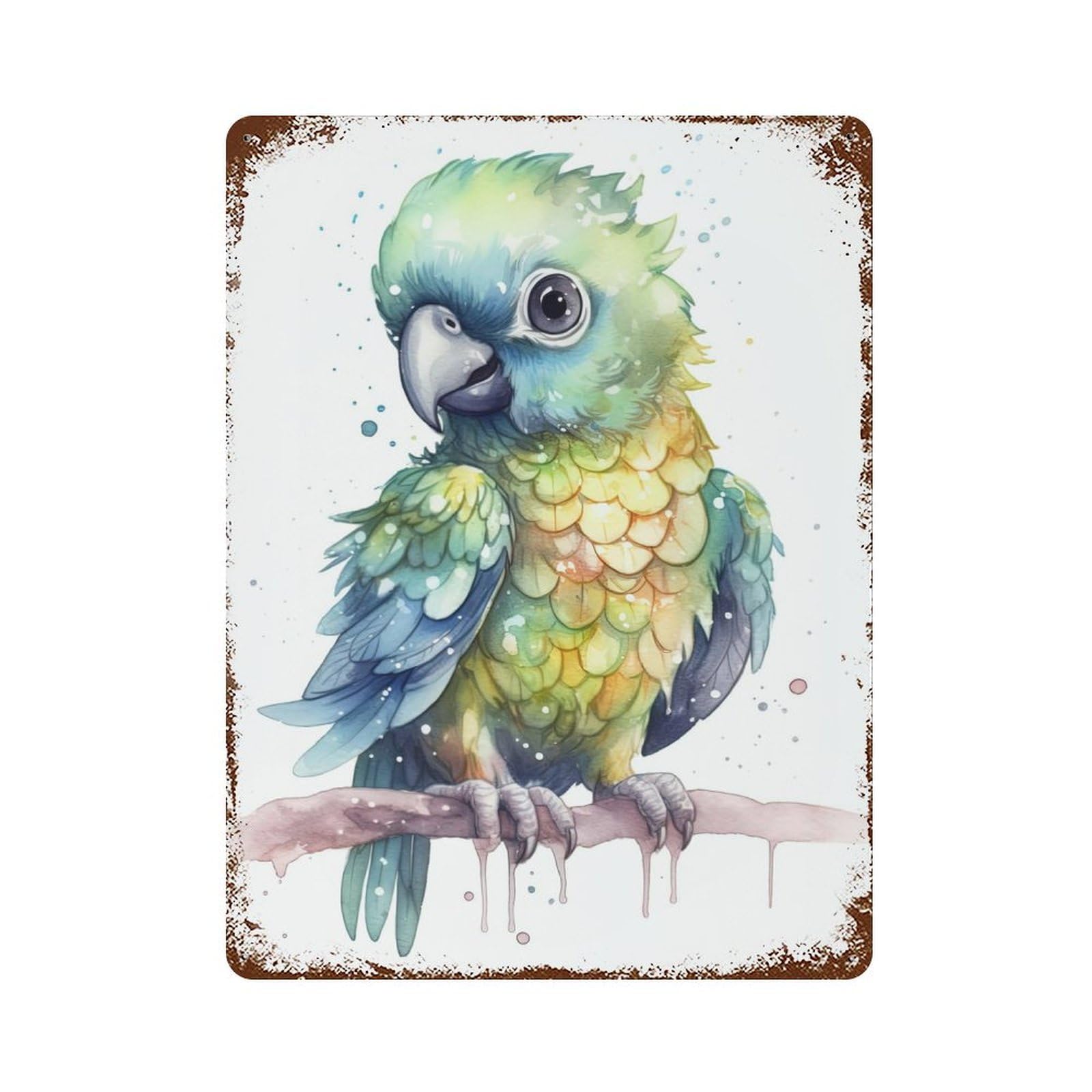 Watercolor Baby Macaw Vintage Wall Sign 15.7"x11.8", Rust Effect Metal Decor for Living Room, Hallway And Home Decor