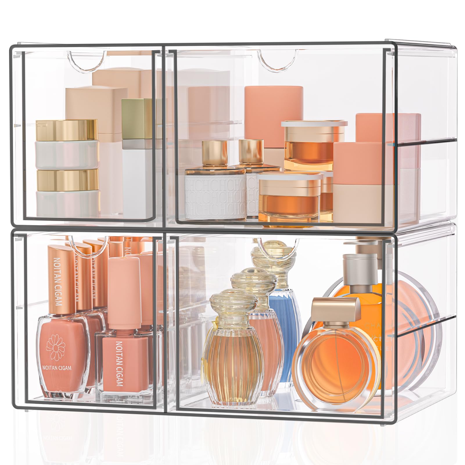SortNStore Make Up Organizer mit 4 Schubladen: 2er-Set Acryl Organizer mit Anti-Rutsch-Pads | Stapelbare Schubladenbox für Kosmetik, Schmuck & Schreibwaren