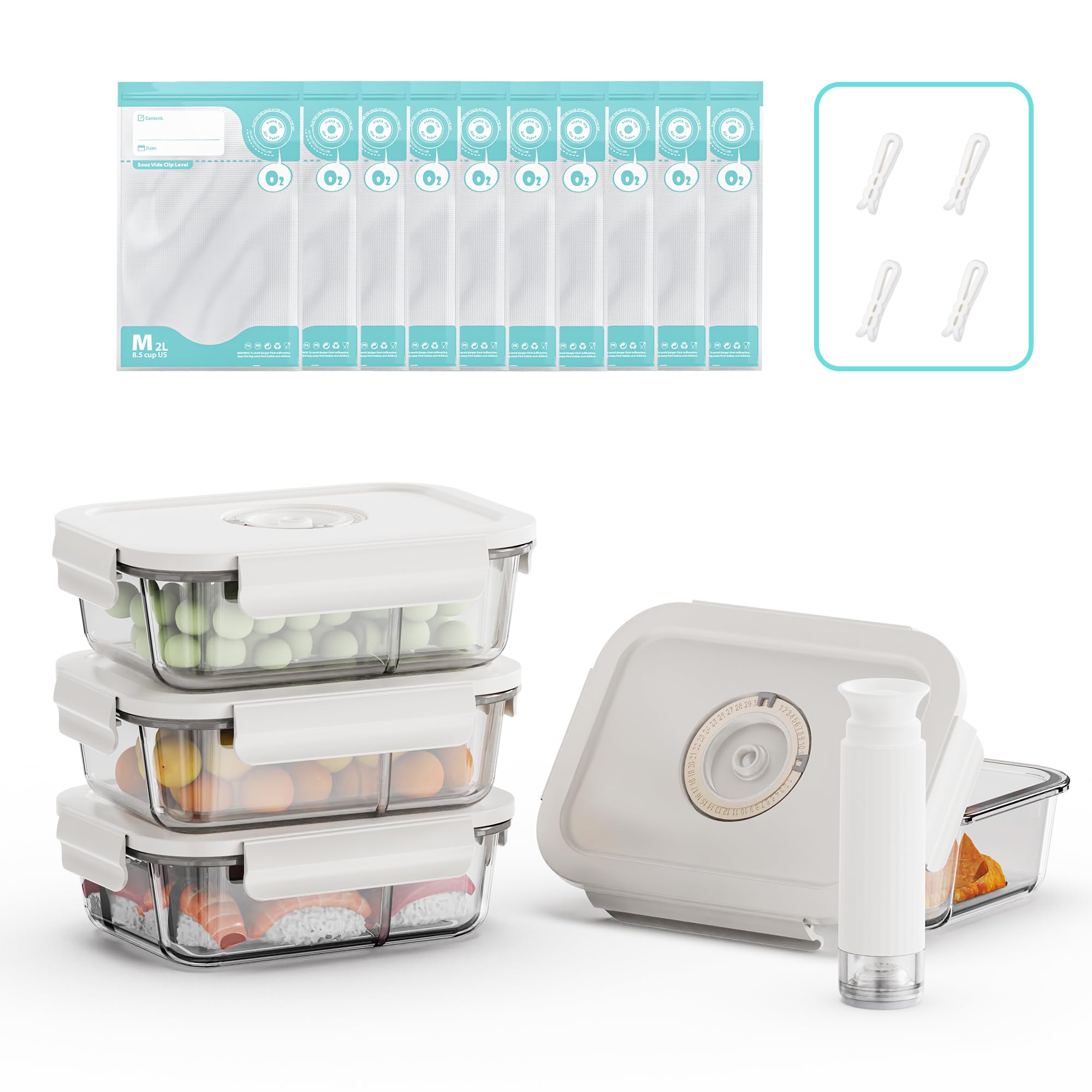 Set di 4 Contenitori Alimentari Ermetici in Vetro con Pompa a Vuoto - Indicatore di Data Integrato - Senza BPA, Anti-Odore - Per Forno, Microonde, Lavastoviglie e Congelatore (L)