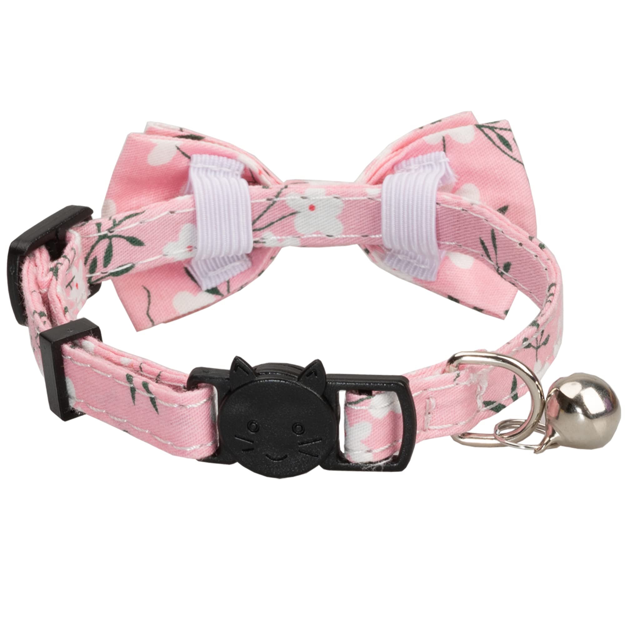 Katzenhalsband, mit Glocke, Fliege, kariert, 17,8–27,9 cm, rosa Blumen und Karomuster, Rosa