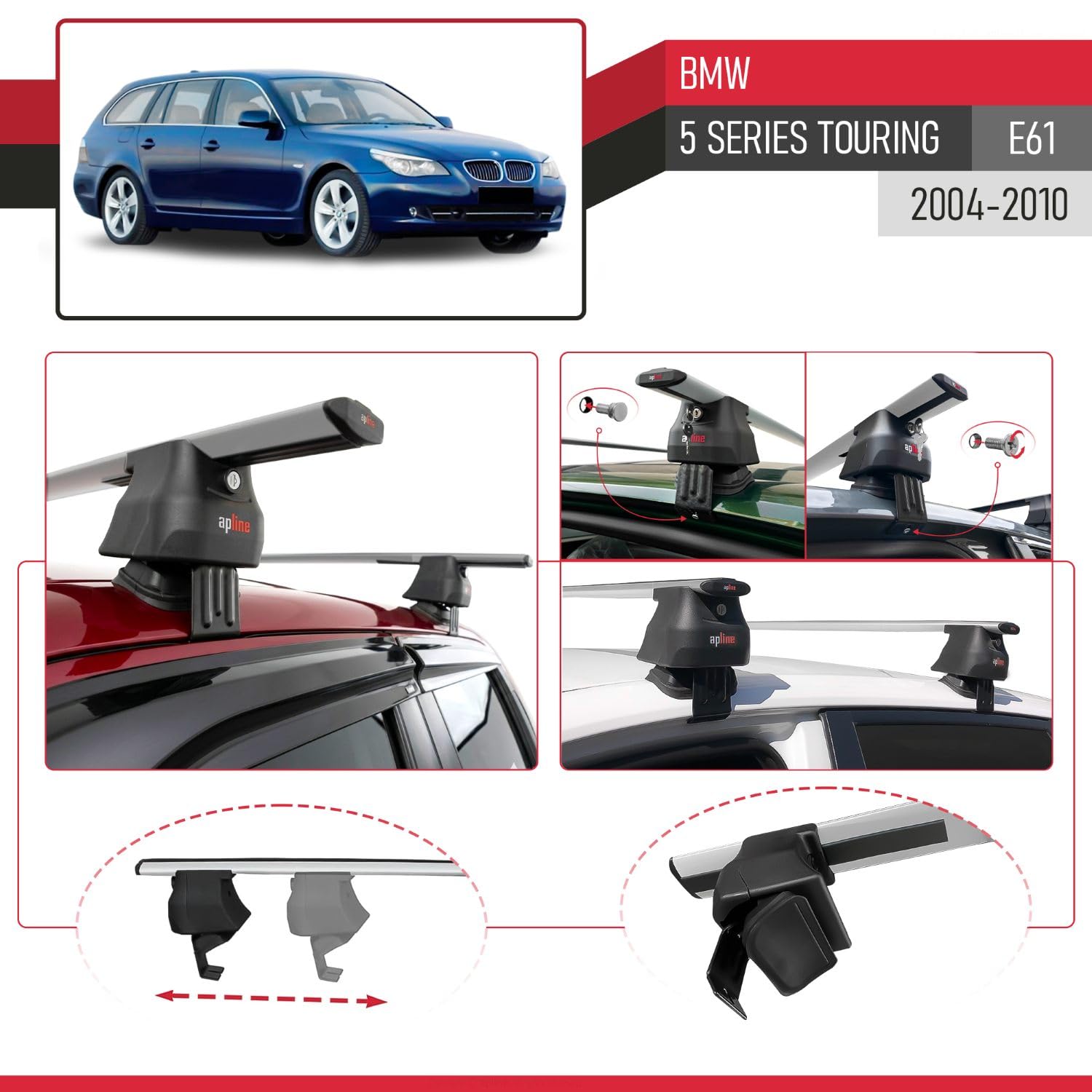 Kompatybilny z BMW 5 Series (E61) Touring 2004-2010 ACE-4 Model Aluminiowy bagażnik dachowy 2 poprzeczki, szary