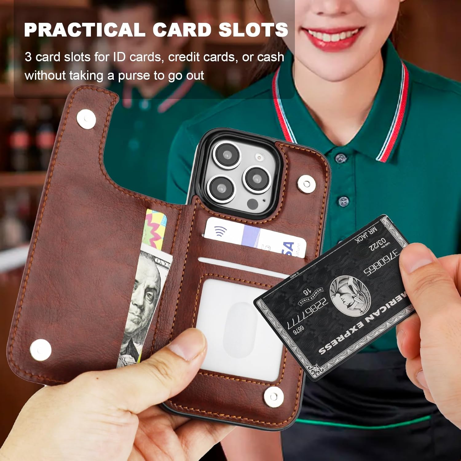 ONETOP for iPhone 16 Pro Wallet Case with Card Holder, 360° Rotation Ring Kickstand RFID Blocking PU Leather Double Magnetic Clasp Shockproof Cover for Women and Girls 6.3 Inch (Brown) - Image 2