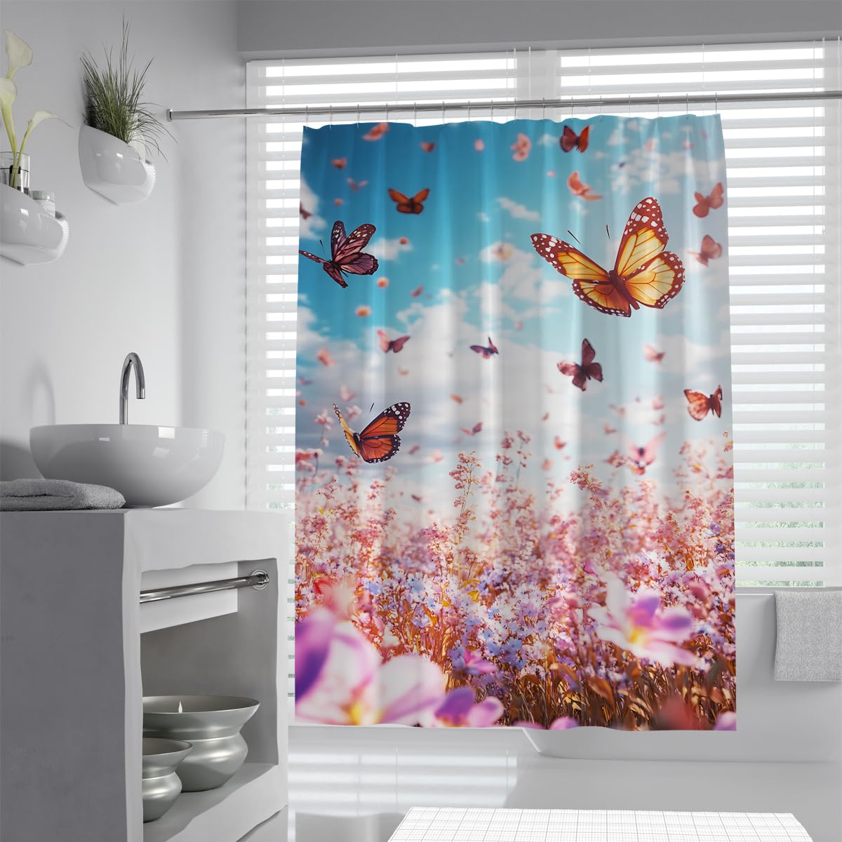 UERWOWELL Whimsical Spring Shower Curtain Butterfly Wildflower Meadow Vivid Nature Landscape Bath Curtains Romantic Bathroom Decor Waterproof Fabric W120xL200 cm