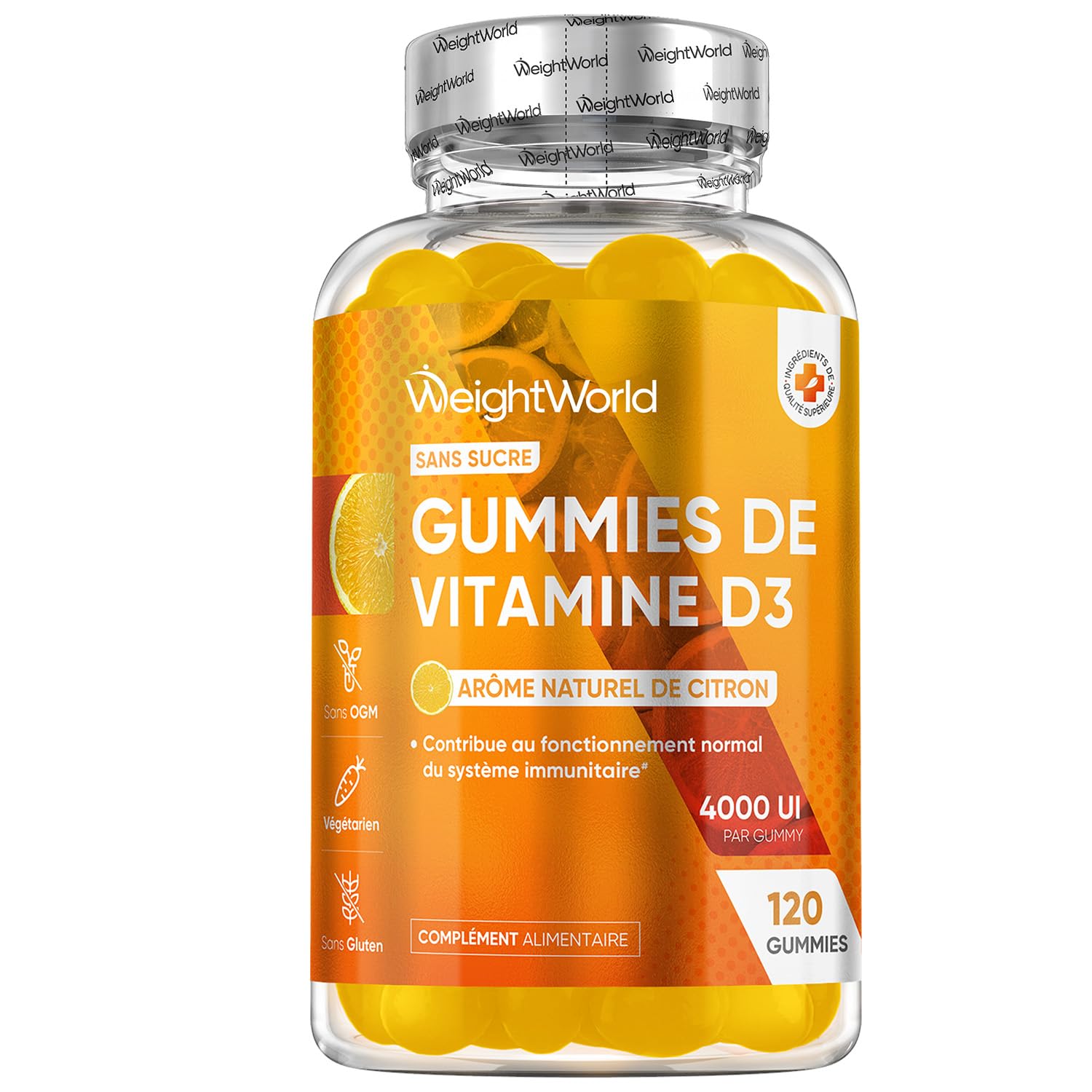 Vitamine D3 4000 UI Cholécalciférol, 120 Gummies pour 8 Mois sans Sucre, Vitamine D Gummies à l'Arôme Naturel de Citron Végétarien et sans OGM