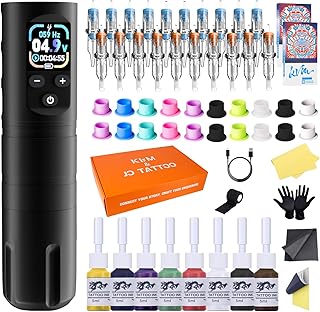 KVM Wireless OLED Tattoo Pen Kit Tattoo Gun Kit Cartridges Wireless Rotary Tattoo Gun Kit Includes 57 Tattoo Accessories S...