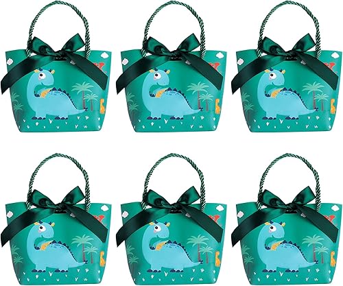 Paquete de 6 bolsas de regalo de dinosaurio con asas y lazo, bolsas de papel de dinosaurio verde para fiestas, suministros de fiesta para
