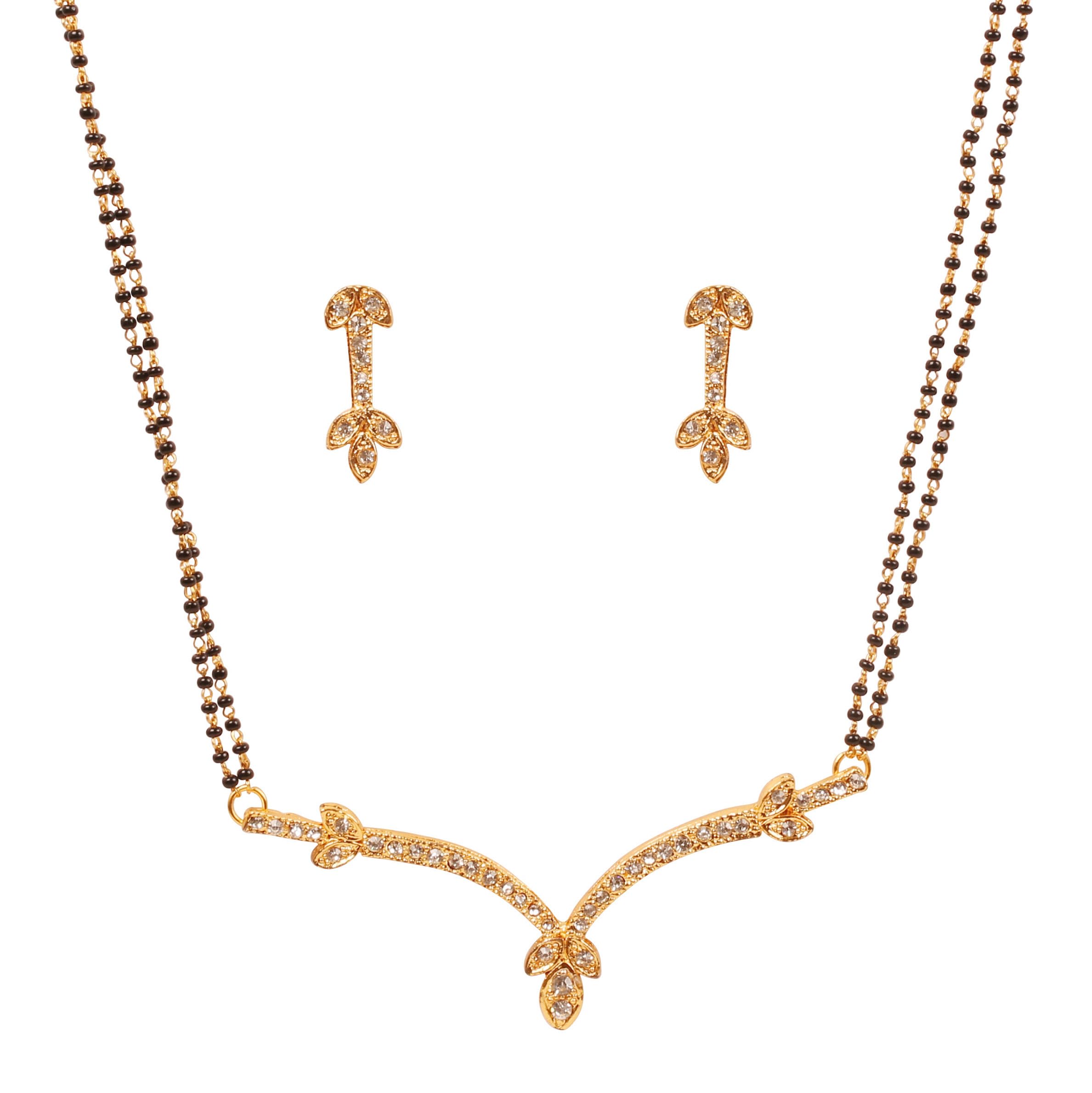 Touchstone Indian Bollywood Style Rhinestone Zirconia CZs Black Beads Symbolic Designer Jewelry Mangalsutra Set in Gold Or White Tone for Women.