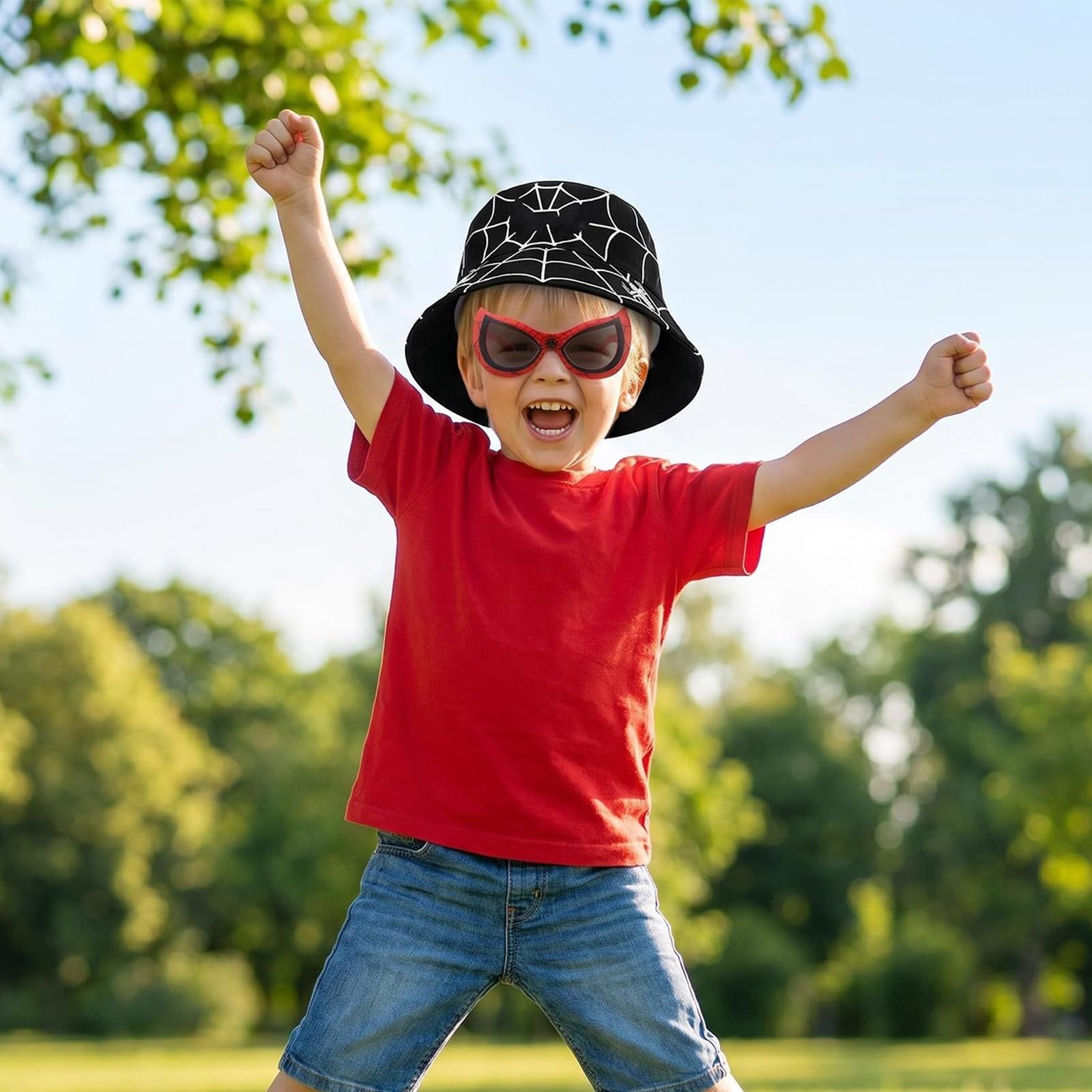 Set Composto da Cappellino da Pescatore e Occhiali da Sole per Bambini, Motivo a Ragno, Cappellino da Pescatore Estivo e Occhiali da Sole Pieghevoli con Protezione Uv, Adatto a Bambini dai 3 ag