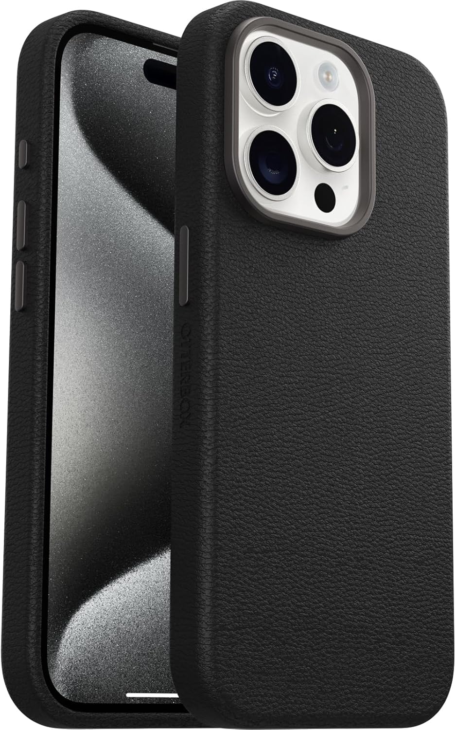 OtterBox iPhone 15 Pro Symmetry Series Cactus Leather for MagSafe - Noir ASH (Black), sustainably sourced, Snaps to MagSafe, Ultra-Sleek, Raised Edges Protect Camera & Screen