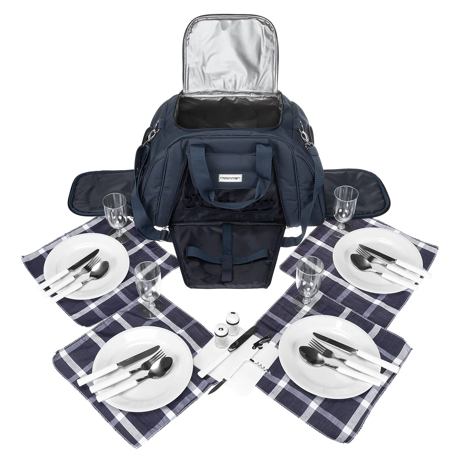 anndora Picknicktasche mit Kühlfach Navy blau weiß gestreift 29 Teile 4 Personen