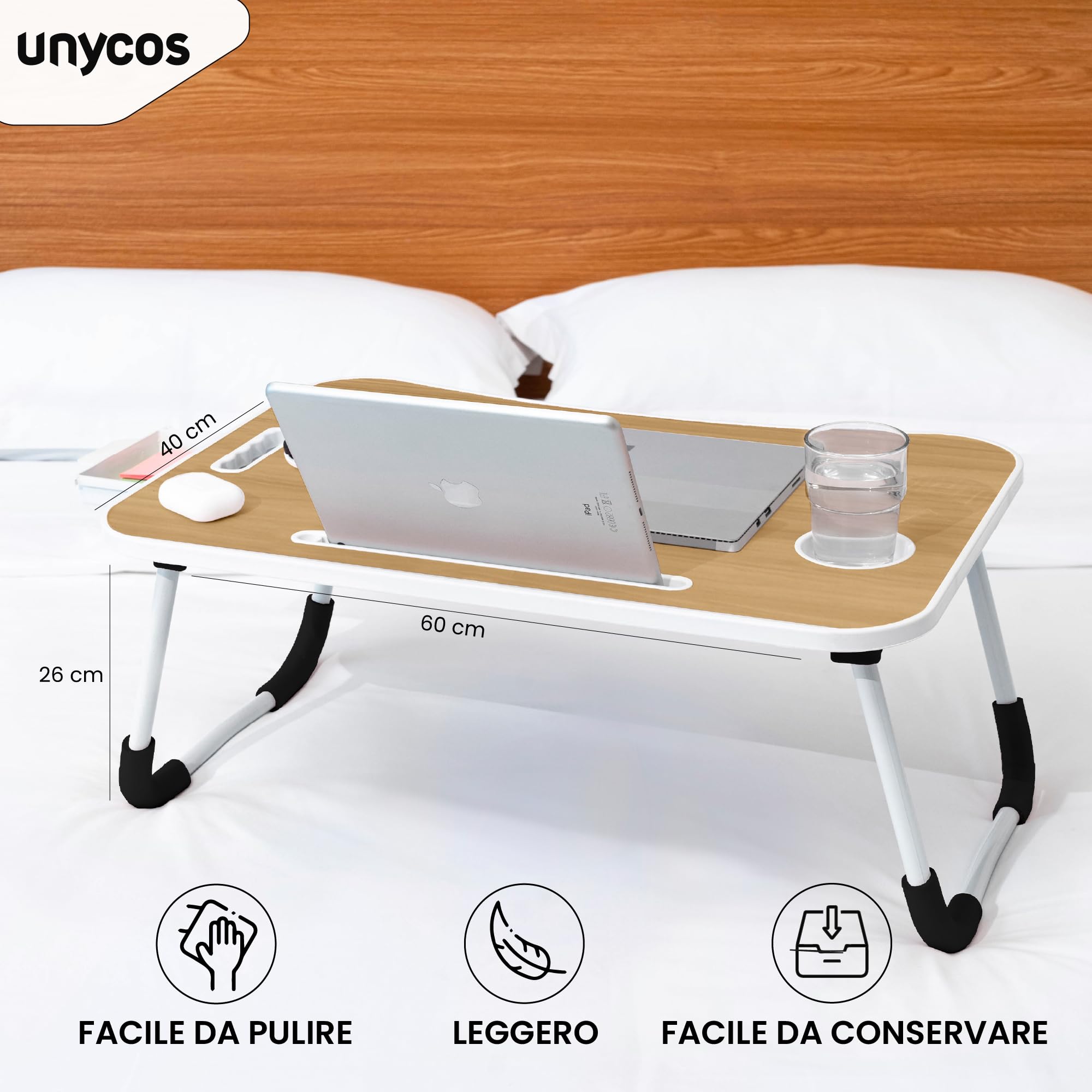 unycos - Vassoio per la Colazione e da Letto【60x40x26 cm】Tavolo Pieghevole con Leggio, Supporto Multifunzionale per Computer Portatile, Tablet, Lavorare, Leggere (Noce con Cassetto)