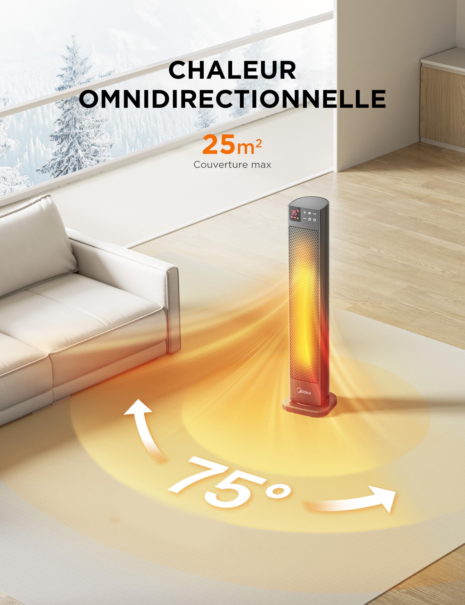 Midea NTH20-22GR(GR) Radiateur Céramique 2000W avec Thermostat et Télécommande, 76 cm, 3 Modes Minuterie 24H, Protection Surchauffe/Bascule, Chaleur Instantanée Bureau Chambre