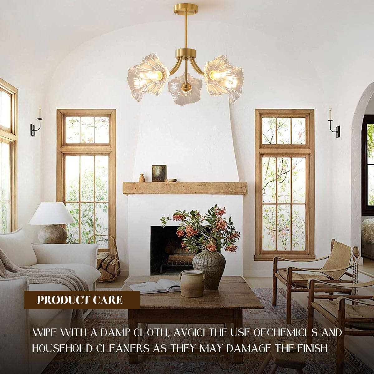 Semi-Flush Mount Ceiling Lights Fixtures Mid Century Modern Ceiling Lamp with Clear Glass Flower Shade Glass 5-Lights Chandelier Gold Brass Ceiling Lighting for Bedroom Dining Room