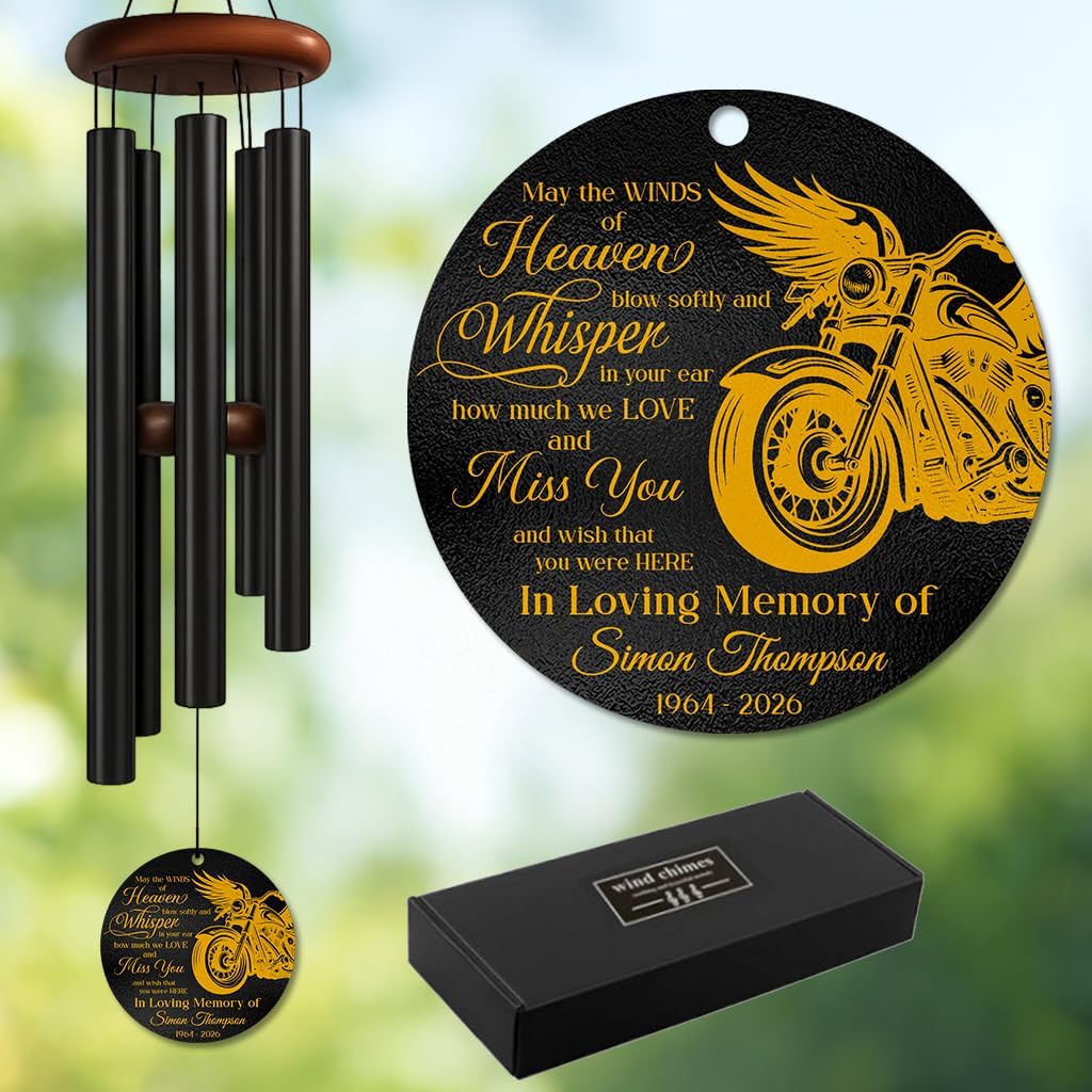 Personalized Motorcycle Memorial Wind Chime – “May The Winds of Heaven Whisper” Custom Name and Years – Sympathy Gift for Riders and Bikers – Outdoor Remembrance Windchime for Loss of Loved One