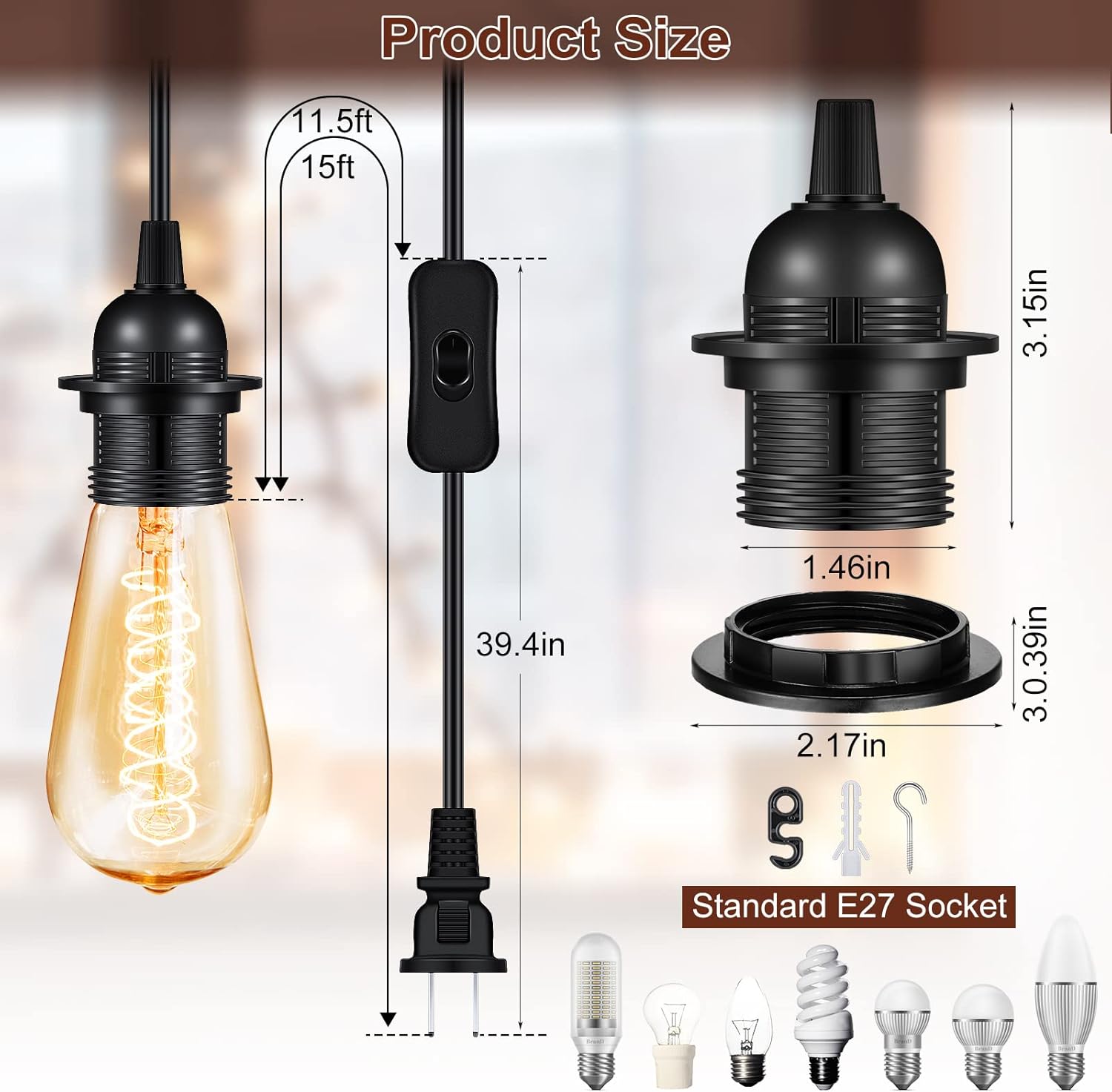 Reginary 6 Pieces Hanging Light Cord Kit Lantern Bulb Cord Cable Extension Plug in Pendant with in-line On/Off Switch E27 Socket Lamp Kit for DIY Pendant Lamp(15 Feet/ 4.5 M,Black)