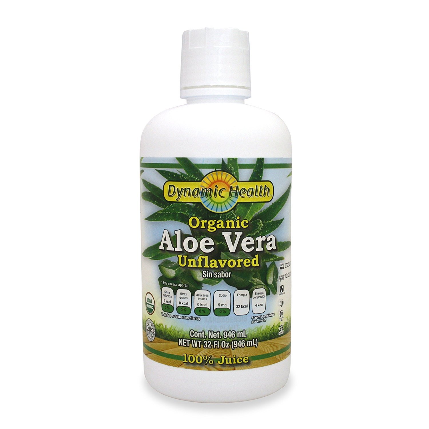 Dynamic Health Organic Aloe Vera Juice, No Additives, Digestive Support, Antioxidant Supplement, Vegan, Gluten Free, Non-GMO, 32 Fl oz