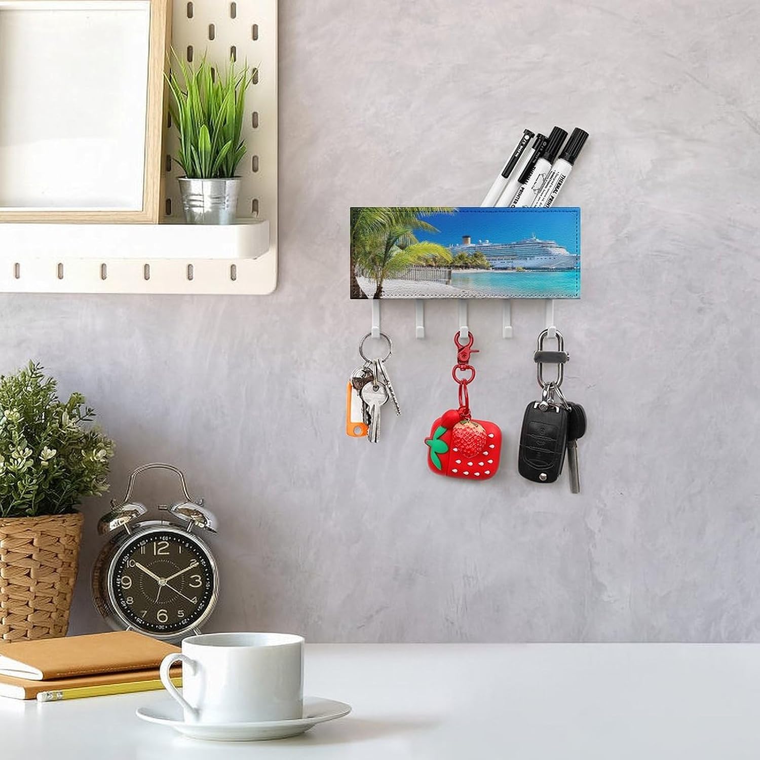 Key Holder Wall Mount Key Hanger with 5 Hooks, Decorative Key Rack | Seaside Cruise Ship Hanging Key Hooks with Mail Organizer for Wall Living Room Kitchen Bathroom Hallway