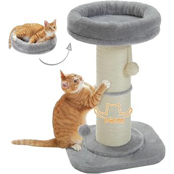 PAWZ Road Cat Scratching Post High Scratching Post for Indoor Cats with Super Thick Scratching Post [Diameter = 14 cm] Removable Fluffy Cat Bed Cat Scratching Post with Shuttlecock Grey