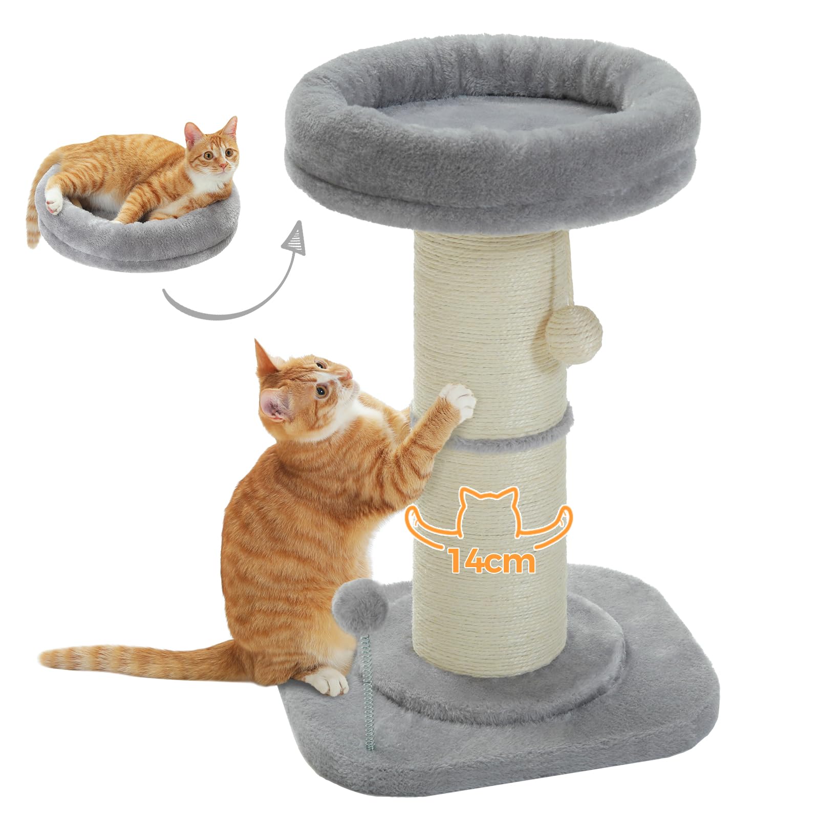 PAWZ Road Cat Scratching Post, High Scratching Post for Indoor Cats with Super Thick Scratching Post [Diameter = 14 cm], Removable Fluffy Cat Bed, Cat Scratching Post with Shuttlecock, Grey