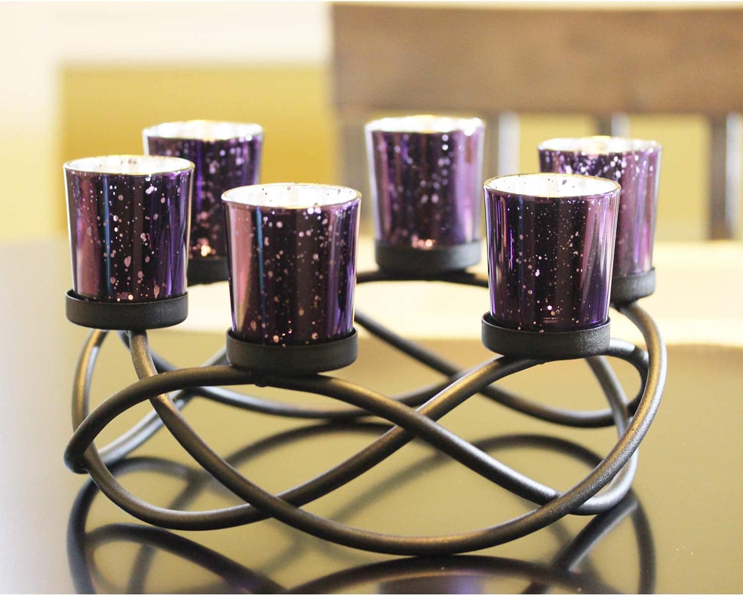 Seraphic Iron Circular Table Centerpiece Decorations Candle Holder for Weddings, Patio, Kitchen, Dining Room, and Coffee Tables, Glass Votive Tealight Holders, Black, 6 Purple Cups