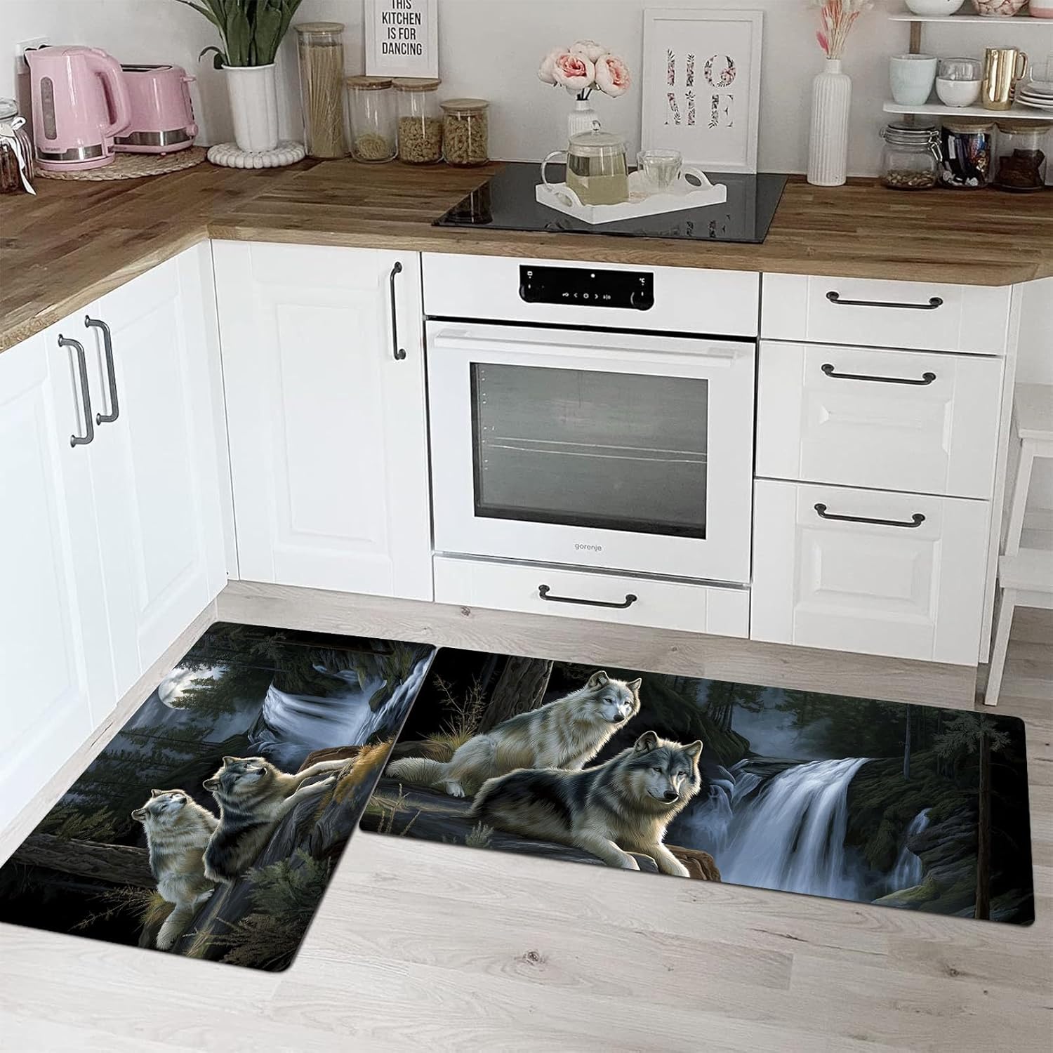 Wild Animal Wolf Kitchen Rugs Sets of 2 Non Slip Washable Forest Waterfall Kitchen Rugs and Mats Runner Rug Floor Carpet for Laundry, Hallways, Floor 20"x59"+20"x32" Grey