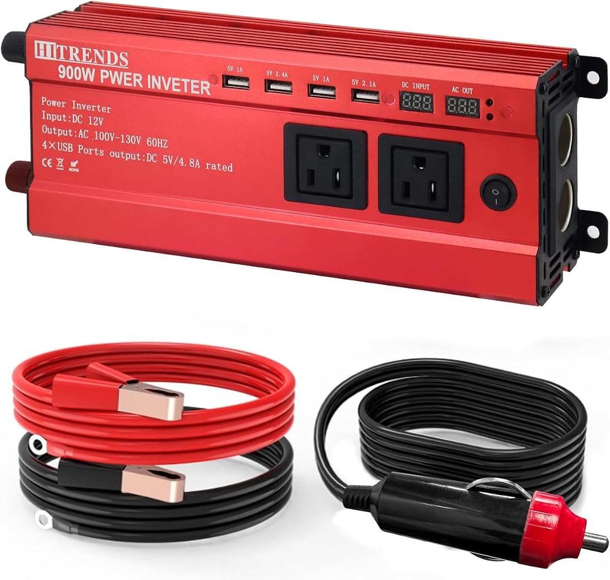 900W Inverter for Car Power Inverters, 12V DC to 110V AC Converter with 4 USB & 2 AC Outlets, 12 Volt Battery Inverter Car Cigarette Lighter for RV Truck