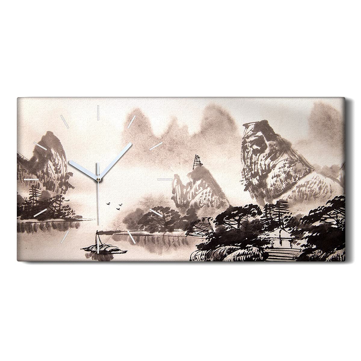 Horloge sur Toile Bateaux d'encre Chinois au design minimaliste et mains blanches 60x30