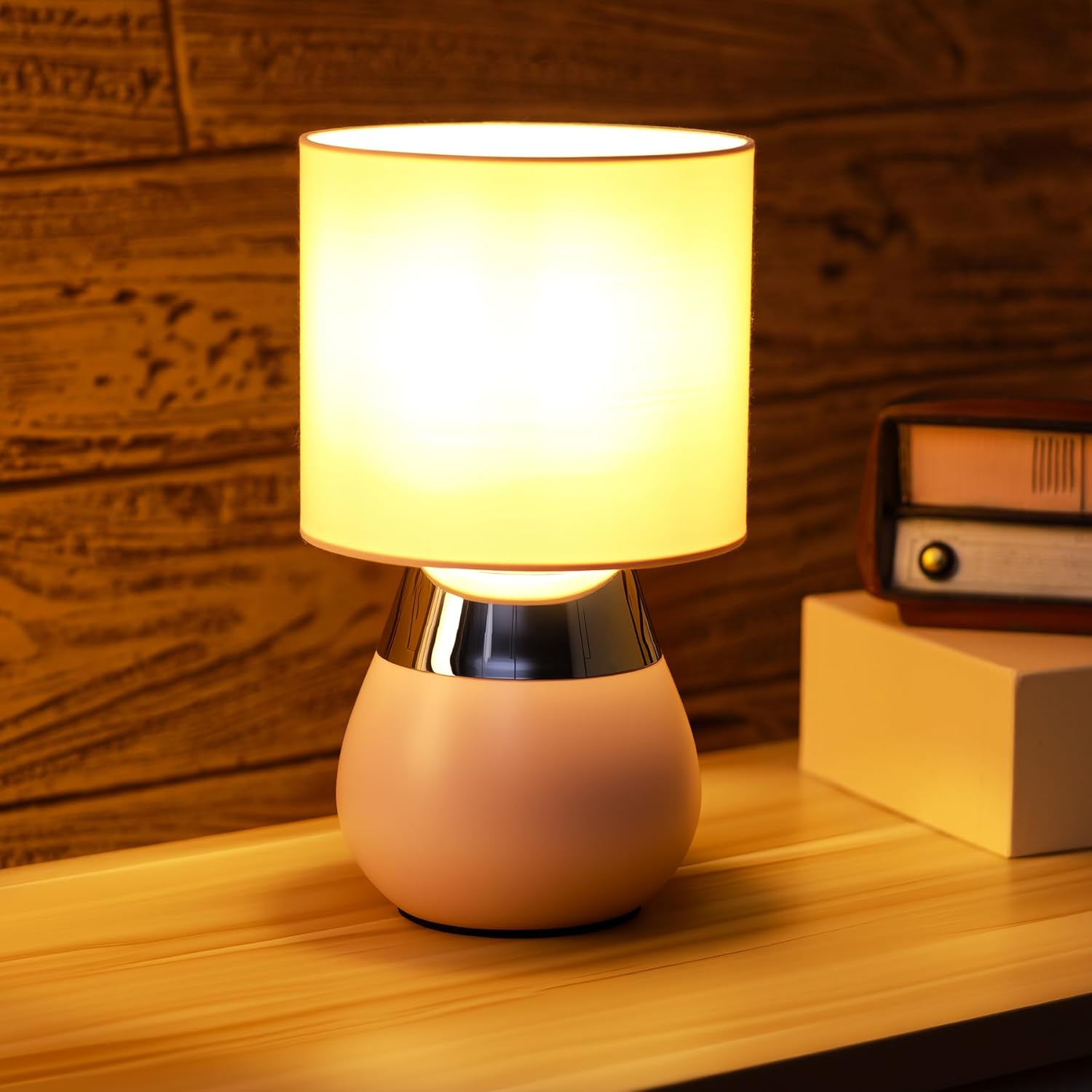 Small Modern Touch Eye Protection Bedside Table Lamp, 7 x 7 x 12 Inch Pink Metal Base Table Lamp for Bedrooms and Office (Pink Fabric Lampshade)