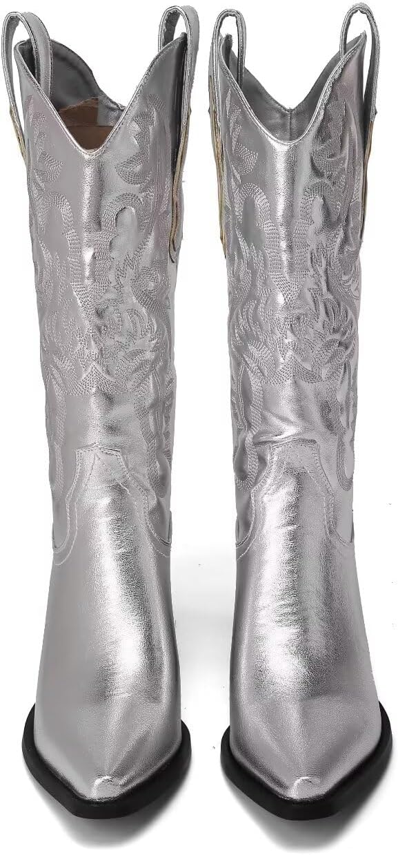 CIERWS Women's Embroidered Western Cowboy Boots Cowgirl Boots Knee High Medium Heel Chunky Heel Classic Retro Boots