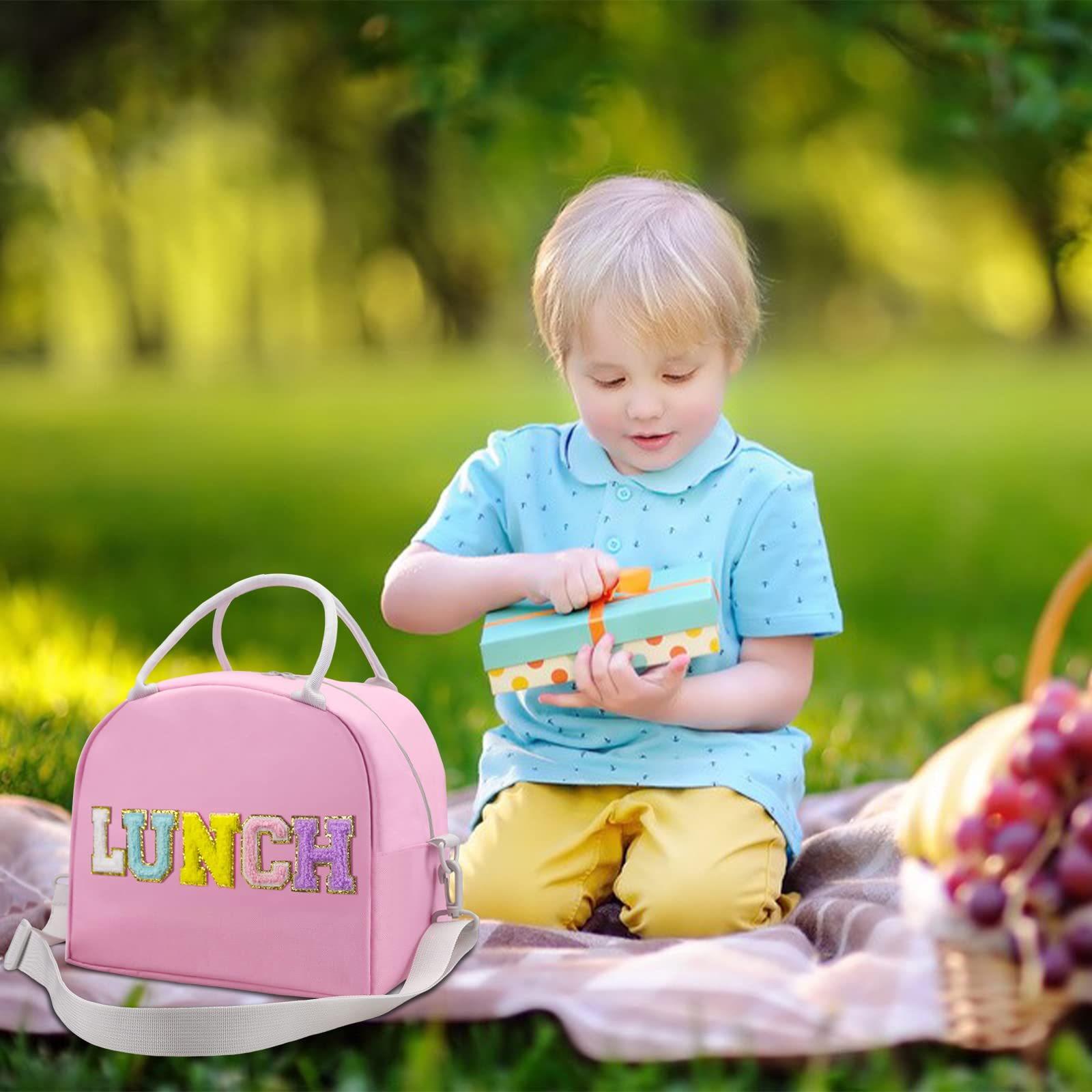 Lunch Box for Women, Large Insulated Lunch Bag, Personalized Preppy Lunch Box for Adults with Adjustable Shoulder Straps,lunch Bag Women with Chenille Letters for Girl, Womenï¼ˆPink-lunch)
