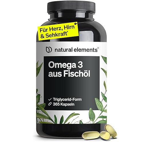 natural elements Omega 3 – 365 Kapseln – 2000mg Fischöl pro Tagesdosis – mit EPA und DHA in Triglycerid-Form – Laborgeprüft und aufwendig aufgereinigt