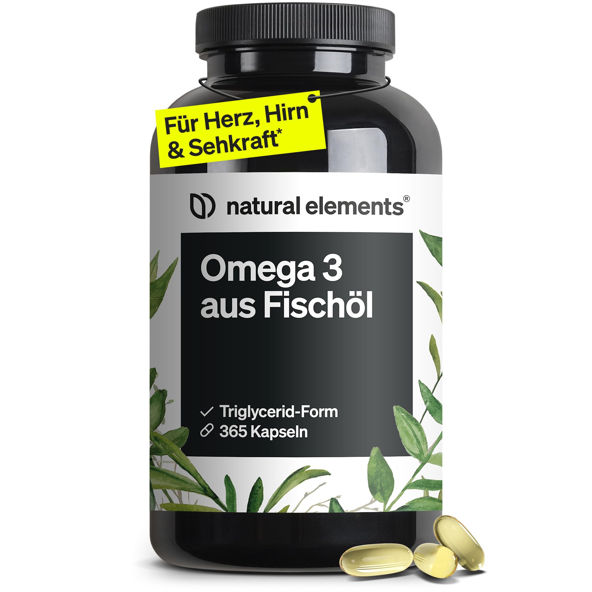 natural elements Omega 3 – 365 Kapseln – 2000mg Fischöl pro Tagesdosis – mit EPA und DHA in Triglycerid-Form – Laborgeprüft und aufwendig aufgereinigt