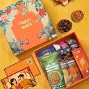Rakhi Gift Hamper for Bhayia & Bhabhi – 12-Item Combo with Evil Eye Rakhi & Bracelet, Dry-fruit Chocolate Laddoos, Cashews & Almonds, Millet Namkeen & Roli Chawal | Raksha Bandhan Gift Box gallery image