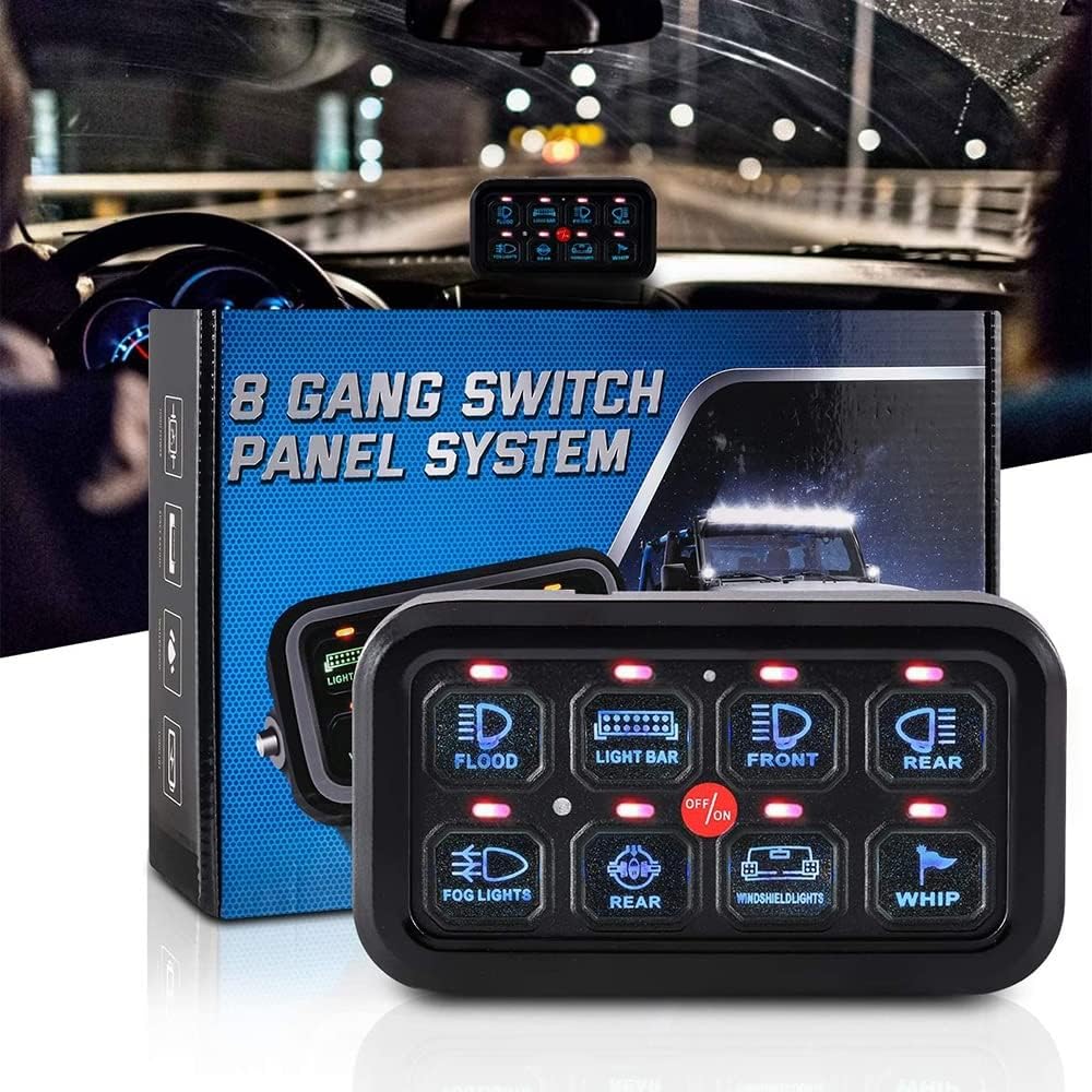 8 Gang Switch Panel, On-Off LED Car Switch Panel Universal Circuit Control Relay System Box, with Label Stickers for Truck ATV UTV Boat Jeep Caravan Marine