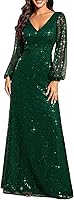 Ever-Pretty Women's V-Neck A-Line Sequin Evening Gown Long Sleeves Floor Length Formal Party Dress