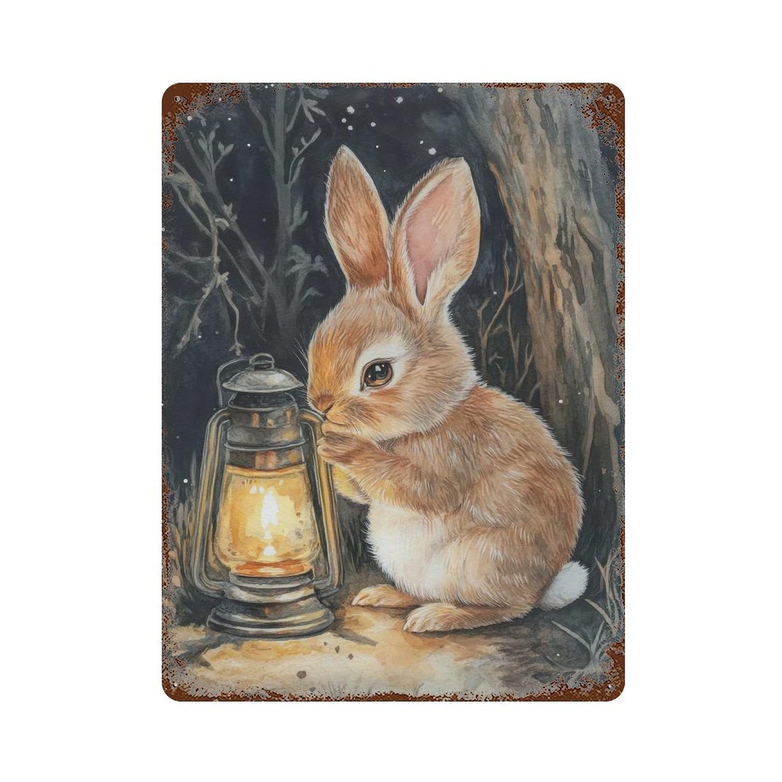 Garage Style Curious Bunny with Lantern Rusty Metal Tin Sign 15.7"x11.8", Farmhouse Wall Decor for Bar And Workshop
