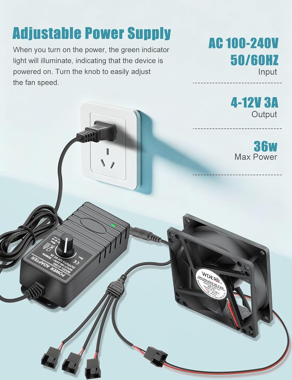 12V Fan Controller with Splitter Cable, 36W Adjustable Speed Controller AC 100-240V to DC 4-12V, PC Fan Power Supply Adapter for 3Pin 4Pin Computer Cooling Fans (FC-3/4P